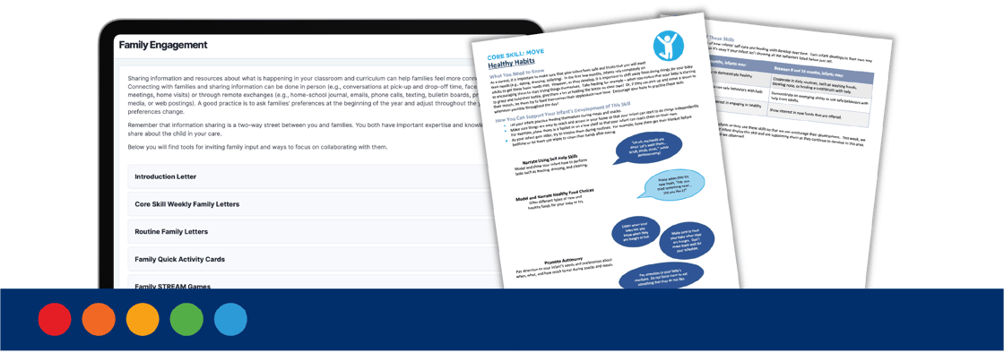 Family Engagement Teaching Tip that showcases the Family Engagement tab from the digital portal on a tablet next to the Core Skill Family Weekly Letters for Healthy Habits.