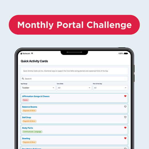 Monthly Portal Challenge banner with tablet image of Quick Activity Cards that are favorited.
